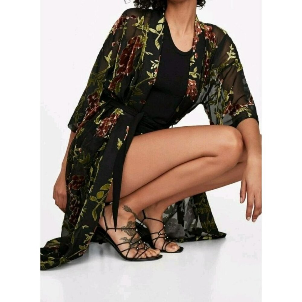 Zara Black Sheer Floral Kimono with Green and Brown Accents